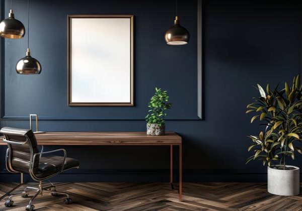 Navy and dark wood office